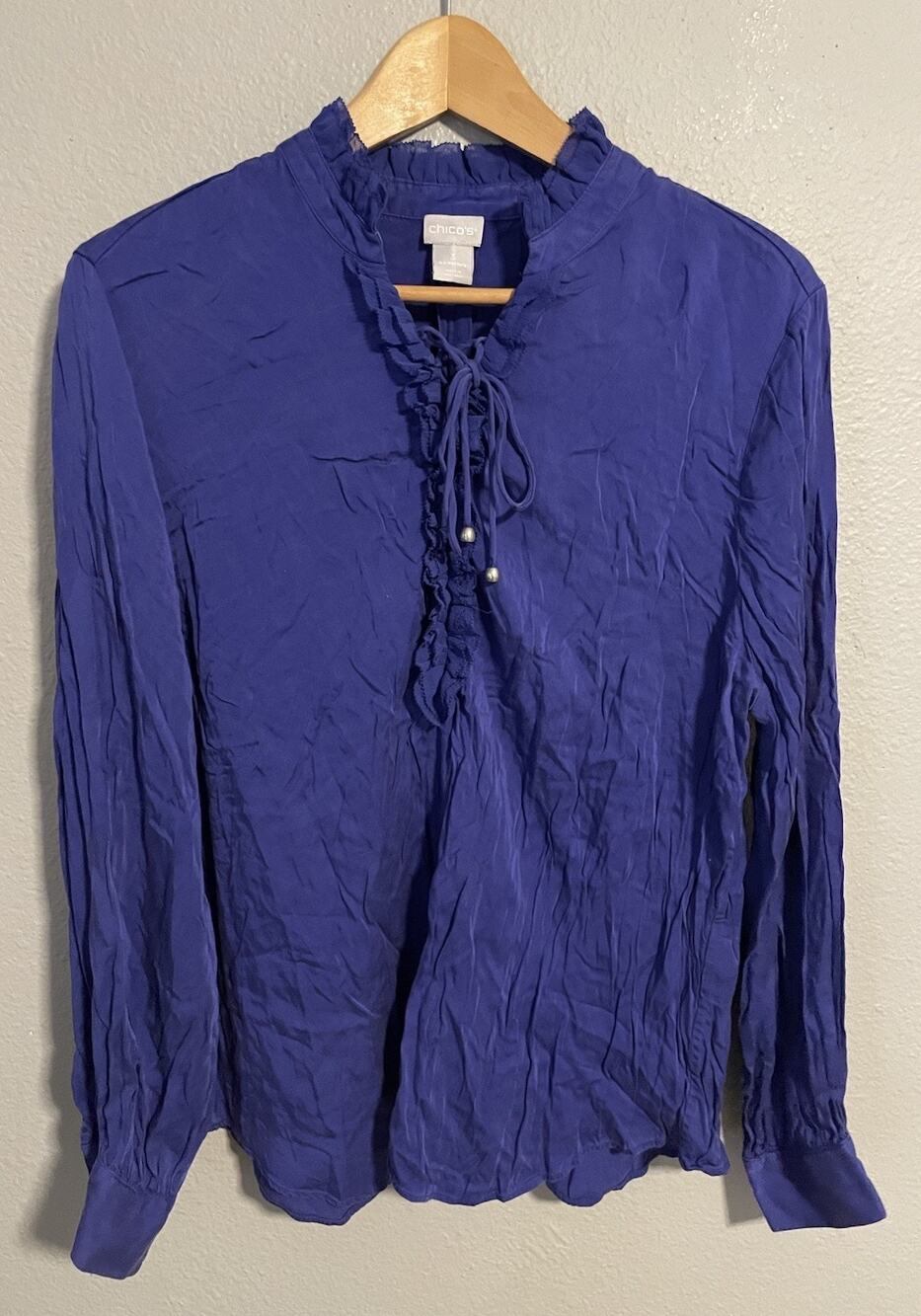 Chicos Womens Peasant Top Size 3 US 16/18 Blue Modal Satin Tassel Ruffle Neutral